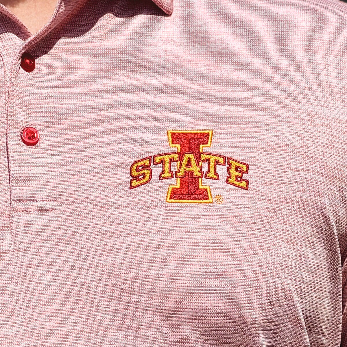 Antigua I-State Cardinal Heather Endless FA26 Polo design close up
